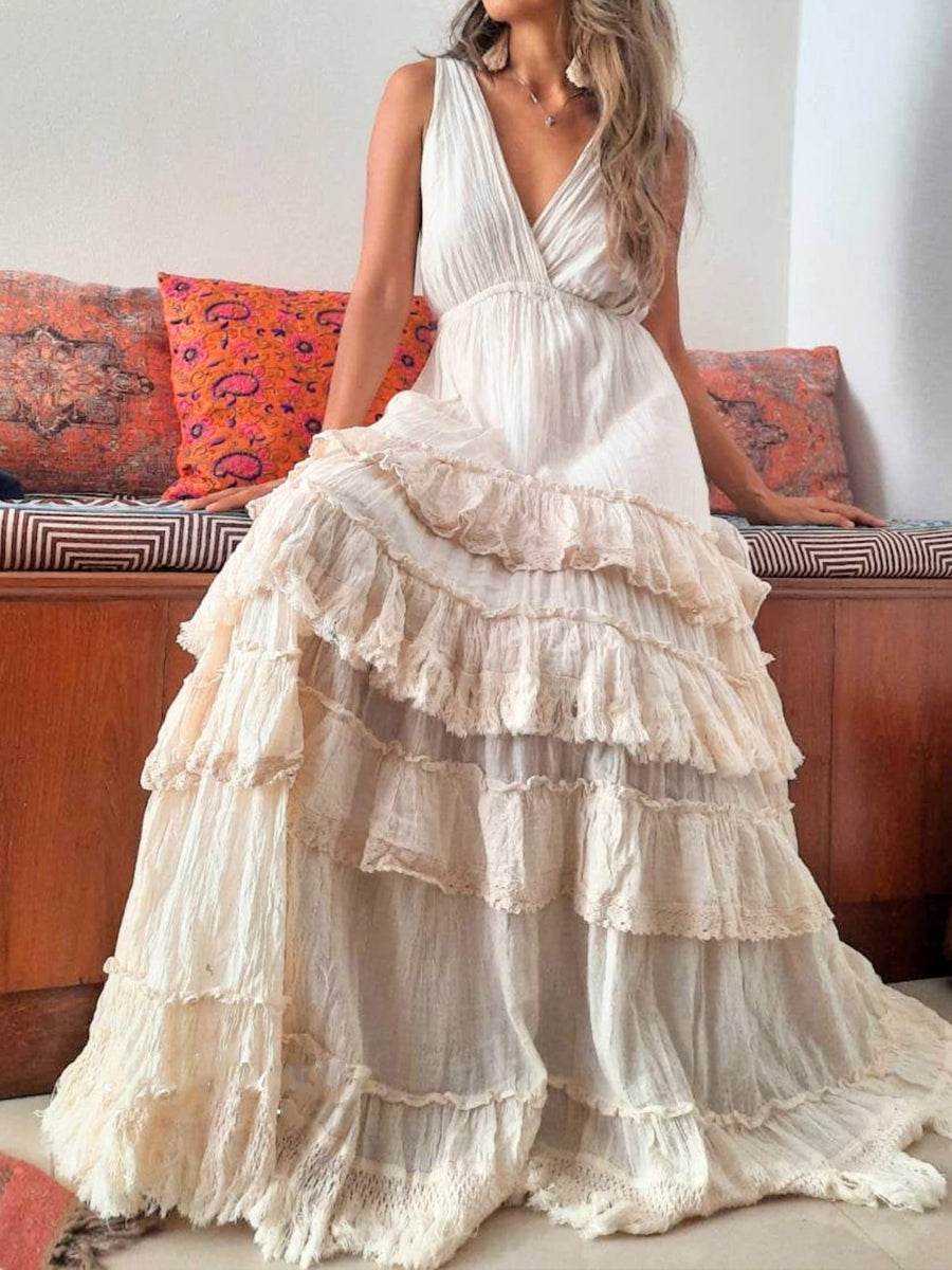 Deep V Neck Empire Waist Multi Tier Frayed Edge Maxi Dress