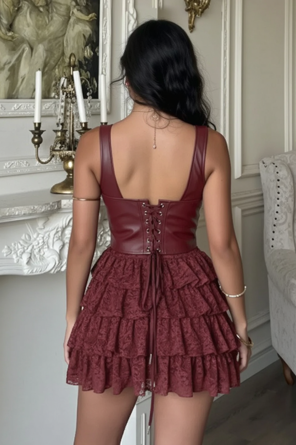 Lace Corset Hook Front Tiered Tulle Mini Dress