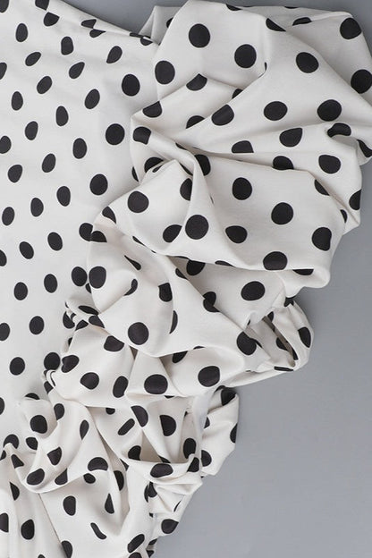 White Spaghetti Strap Sweetheart Neck Polka Dot Ruffle Hem Midi Dress