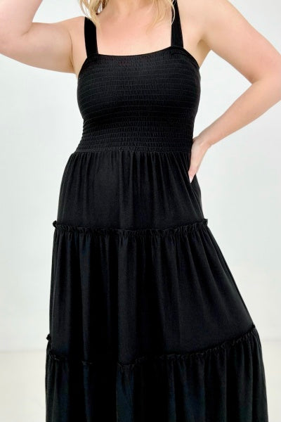 Square Neck Smocked Bodice Tiered Ruffle Maxi Dress