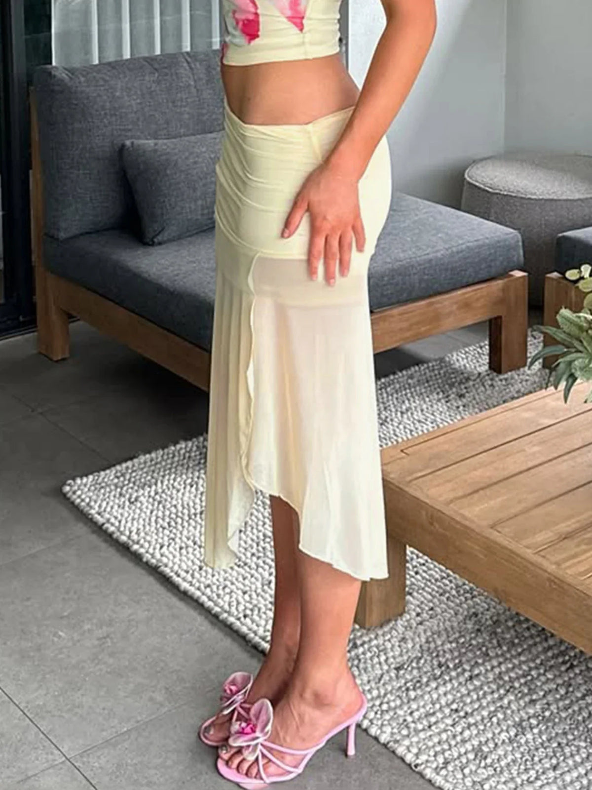 Irregular Hem Mid Skirts Summer Vacation Beach Club Mesh Skirt for Women Low Waist Solid Fashion Cyber Y2K Outfit 2025