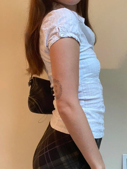 White Slim Blouse Women Zipper Shirts Elegant Fashion Summer Turn Down Collar Short Sleeve Solid Casual Crop Tops y2k