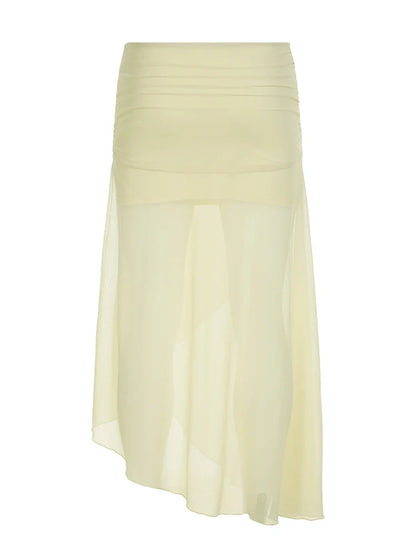 Irregular Hem Mid Skirts Summer Vacation Beach Club Mesh Skirt for Women Low Waist Solid Fashion Cyber Y2K Outfit 2025