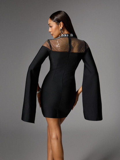 Mock Neck Crystal Collar Mesh Panel Cape Sleeve Mini Dress