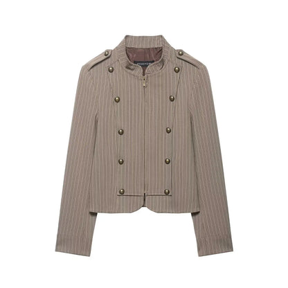 Women Spring Fashion Stripes Slim Blazer Commuting Long Sleeves Zipper Loose Short Jacket Female High Street Coat Mujer