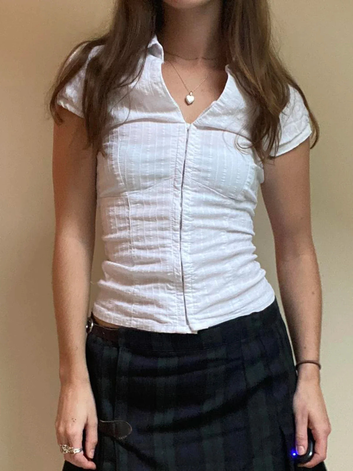 White Slim Blouse Women Zipper Shirts Elegant Fashion Summer Turn Down Collar Short Sleeve Solid Casual Crop Tops y2k