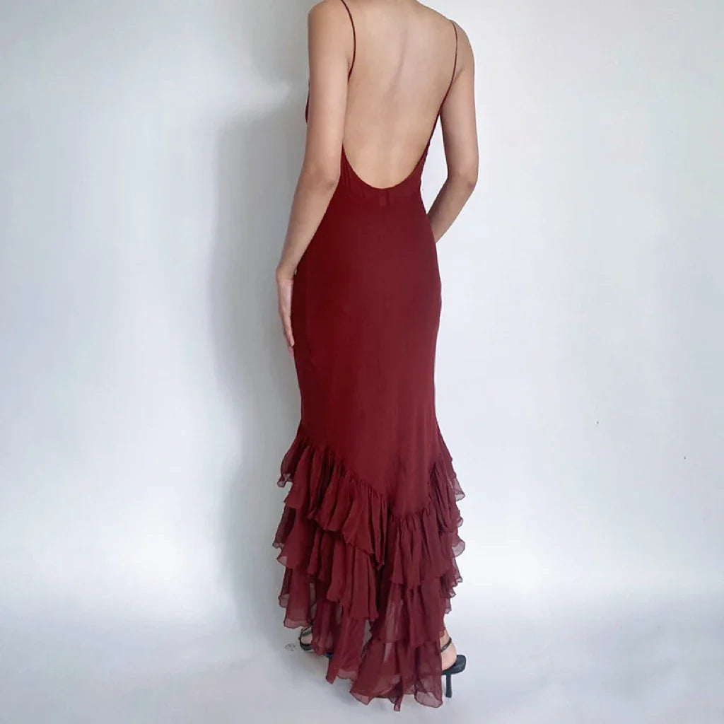 Women's Asymmetric Tulle Layered Mermaid Dress Spaghetti Straps Floral Print Bodycon Sexy Backless Elegant Long Dress