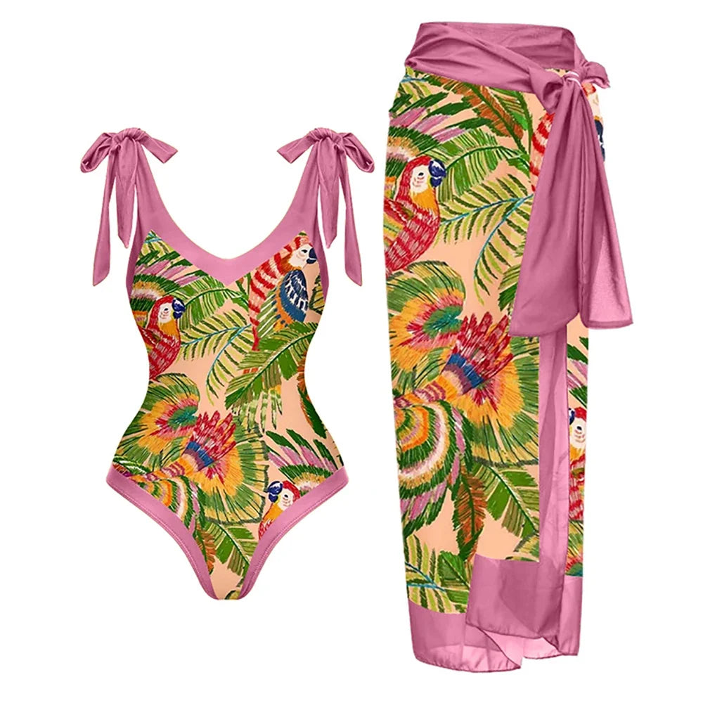 Colorful Parrot Print One Piece Bikini Bow Tie Swimsuit Sexy Luxury Chiffon Blouse High Waist Open Back Fashion Beachwear