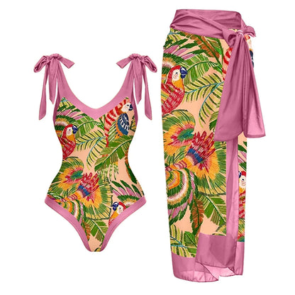 Colorful Parrot Print One Piece Bikini Bow Tie Swimsuit Sexy Luxury Chiffon Blouse High Waist Open Back Fashion Beachwear