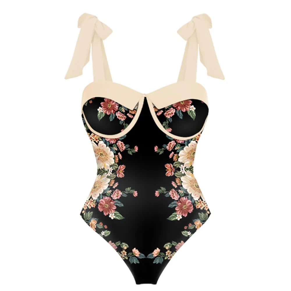 Printed Panel Chic One Piece Swimsuit and Coverup Bow Tie Strap Gathering Sexy Bikini High Waist Open Back Fashion Push Up