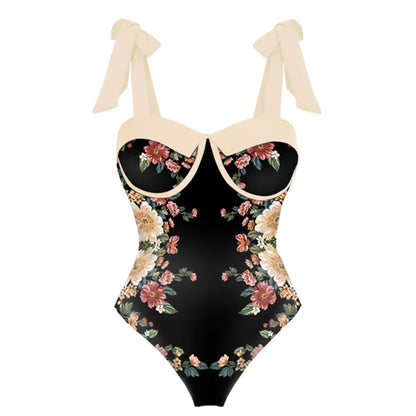 Printed Panel Chic One Piece Swimsuit and Coverup Bow Tie Strap Gathering Sexy Bikini High Waist Open Back Fashion Push Up
