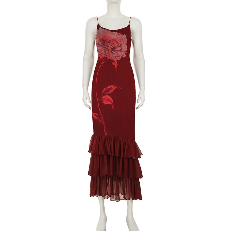 Women's Asymmetric Tulle Layered Mermaid Dress Spaghetti Straps Floral Print Bodycon Sexy Backless Elegant Long Dress