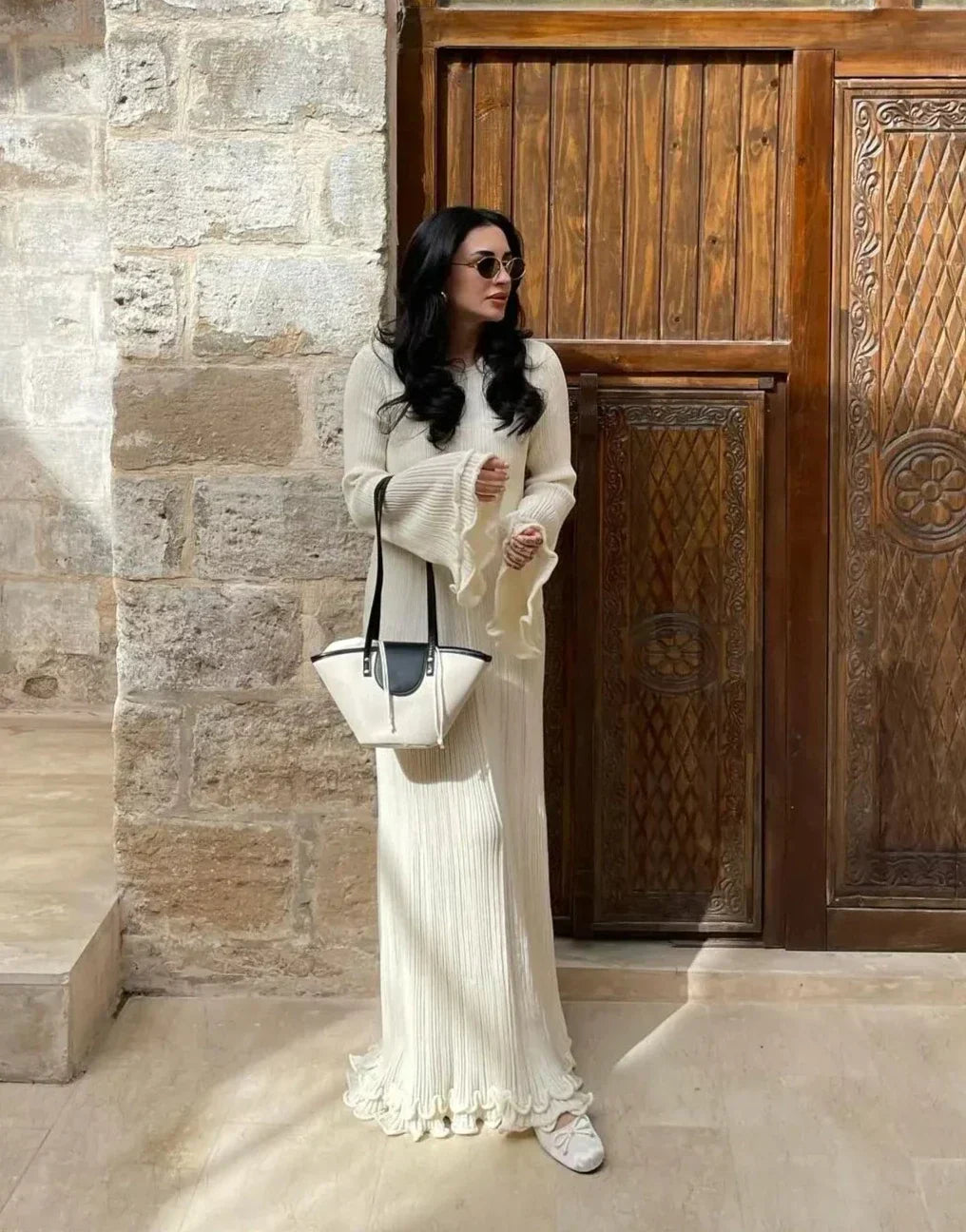 Crew Neck Rib Knit Tiered Flounce Sleeve Ruffle Hem Maxi Dress