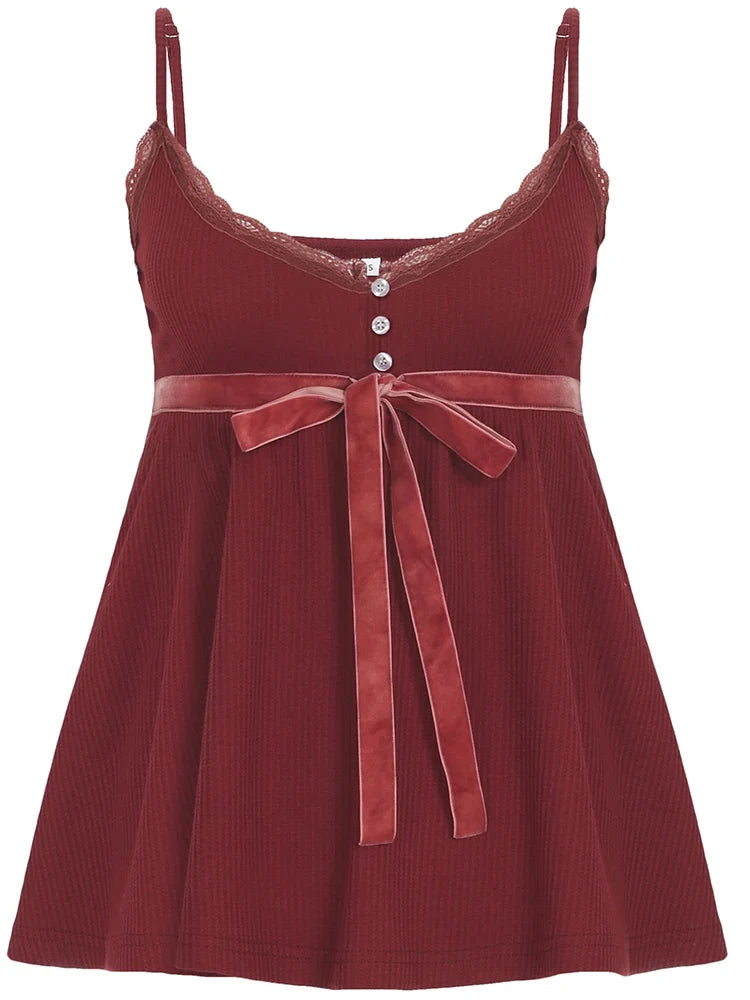 Vintage Solid Sweet Button Binding Waist Women Camisole Y2k Aesthetic Sleeveless V-Neck Ruched Lace Long Tops