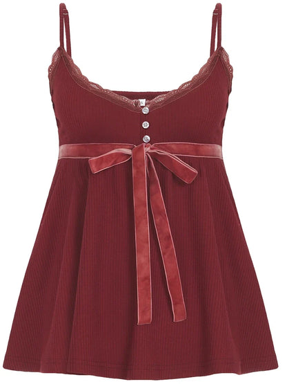 Vintage Solid Sweet Button Binding Waist Women Camisole Y2k Aesthetic Sleeveless V-Neck Ruched Lace Long Tops
