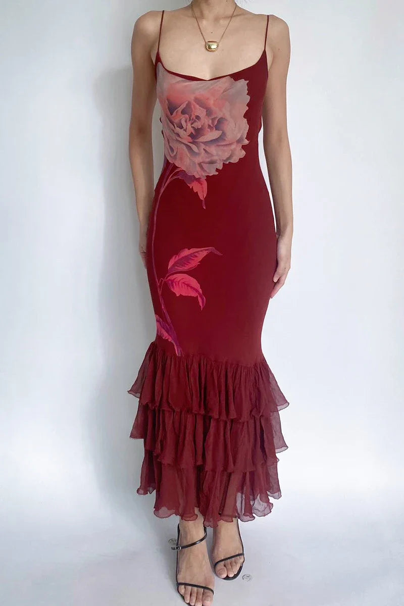 Women's Asymmetric Tulle Layered Mermaid Dress Spaghetti Straps Floral Print Bodycon Sexy Backless Elegant Long Dress