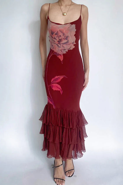 Women's Asymmetric Tulle Layered Mermaid Dress Spaghetti Straps Floral Print Bodycon Sexy Backless Elegant Long Dress