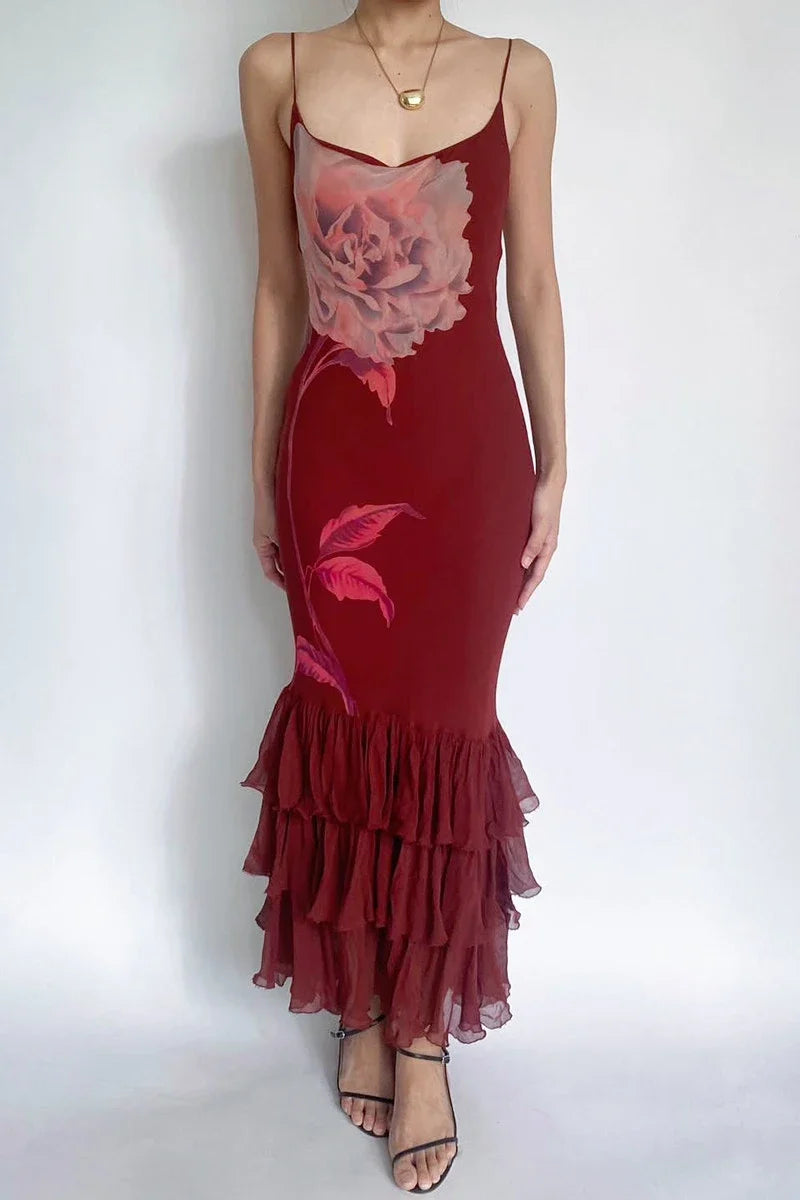 Women's Asymmetric Tulle Layered Mermaid Dress Spaghetti Straps Floral Print Bodycon Sexy Backless Elegant Long Dress