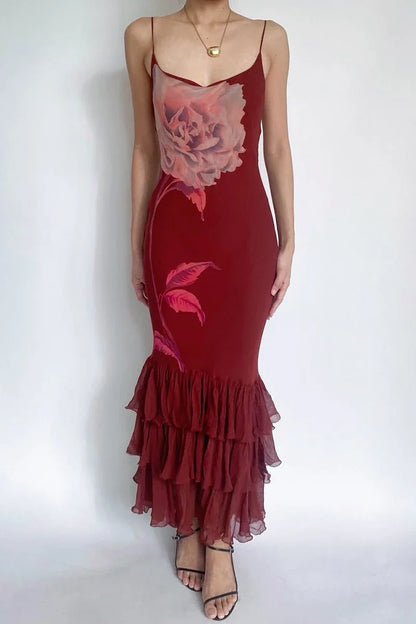 Women's Asymmetric Tulle Layered Mermaid Dress Spaghetti Straps Floral Print Bodycon Sexy Backless Elegant Long Dress