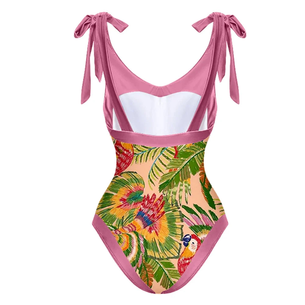 Colorful Parrot Print One Piece Bikini Bow Tie Swimsuit Sexy Luxury Chiffon Blouse High Waist Open Back Fashion Beachwear