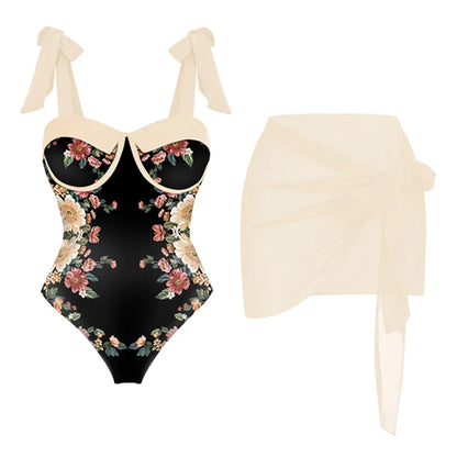 Printed Panel Chic One Piece Swimsuit and Coverup Bow Tie Strap Gathering Sexy Bikini High Waist Open Back Fashion Push Up