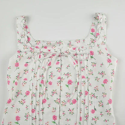 Floral Print Camisole Accordion Pleated Hook-front Tie Tank Top Summer Holiday Crop Top Y2K Aesthetic Square Neck Vest