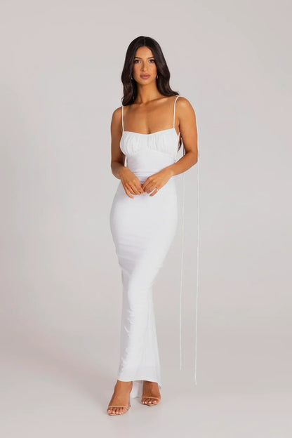 Tie Shoulder Deep V Back Ruched Bodycon Maxi Dress