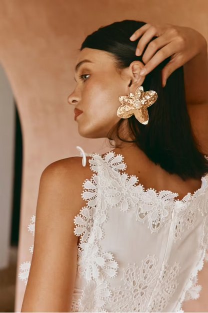 Floral Eyelet Embroidery Scalloped Lace Trim Tie Waist Maxi Dress