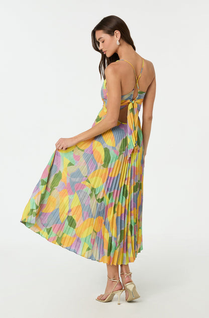 Spaghetti Strap V-Neck Ruched Bodice Abstract Print Accordion Pleated Maxi Dress