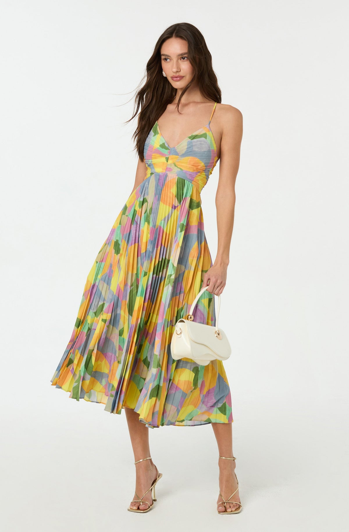 Spaghetti Strap V-Neck Ruched Bodice Abstract Print Accordion Pleated Maxi Dress