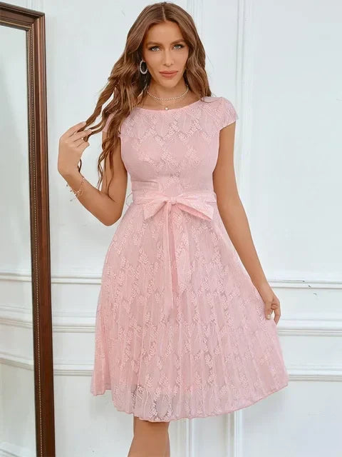 Lace Cap Sleeve Tie Waist Fit and Flare Knee Length Cocktail Dress