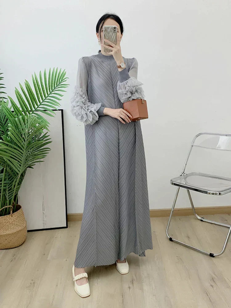 Plisse Mock Neck Petal Ruffle Sleeve Chevron Pleat Maxi Dress