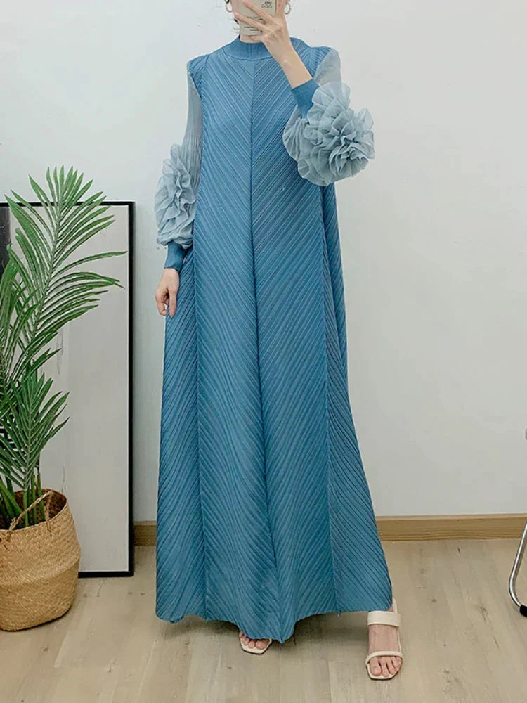 Plisse Mock Neck Petal Ruffle Sleeve Chevron Pleat Maxi Dress