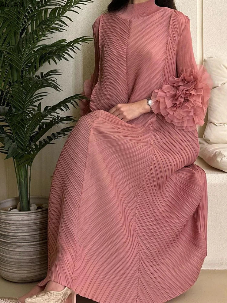 Plisse Mock Neck Petal Ruffle Sleeve Chevron Pleat Maxi Dress