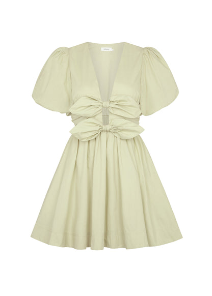 Bow Cutout Lace Up Puff Sleeve Mini Dress