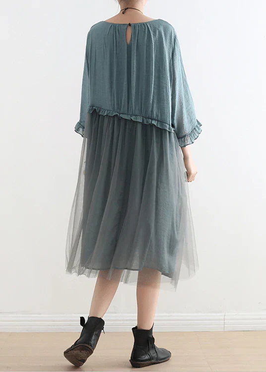Round Neck Short Sleeve Mesh Overlay Ruffle Waist Linen Midi Dress