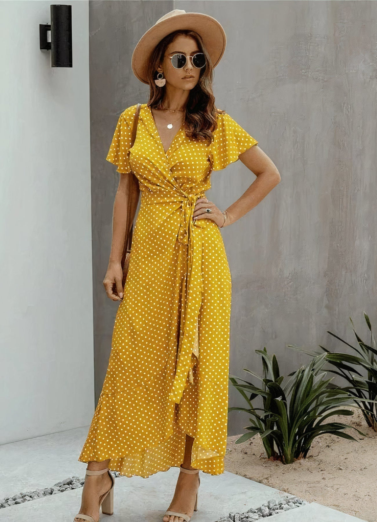 Flutter Sleeve Wrap Tie Waist Polka Dot Maxi Dress