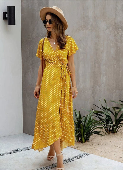 Flutter Sleeve Wrap Tie Waist Polka Dot Maxi Dress