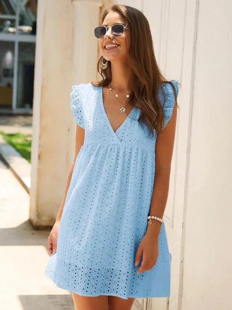 Surplice V Neck Flutter Sleeve Eyelet Empire Mini Dress