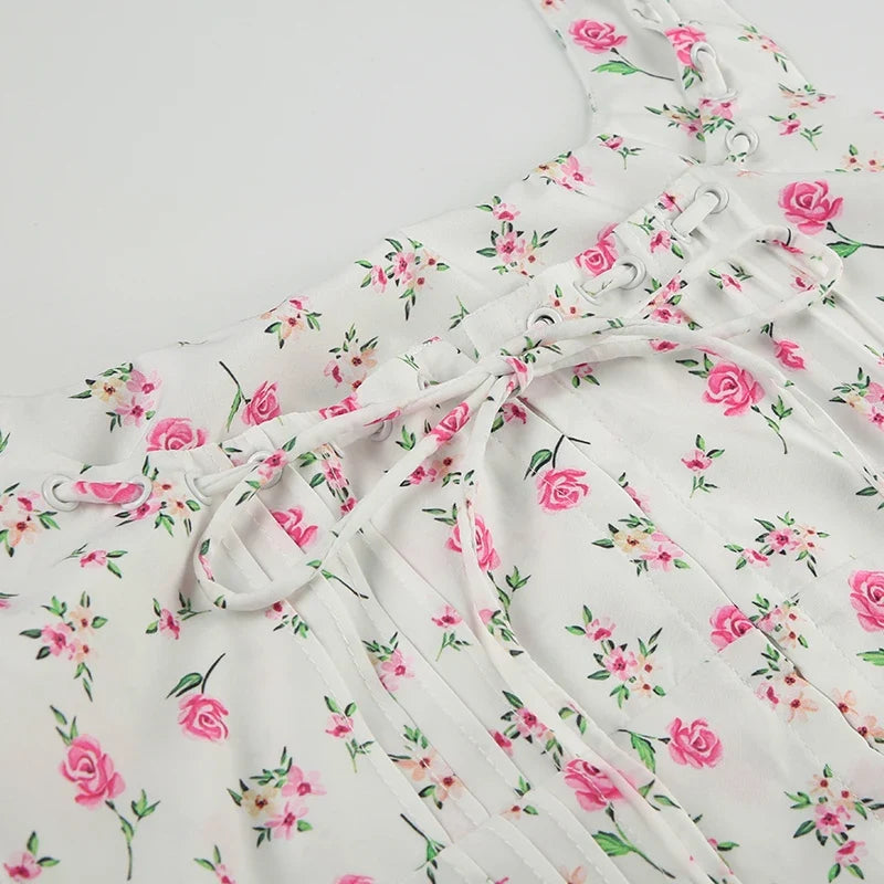 Floral Print Camisole Accordion Pleated Hook-front Tie Tank Top Summer Holiday Crop Top Y2K Aesthetic Square Neck Vest