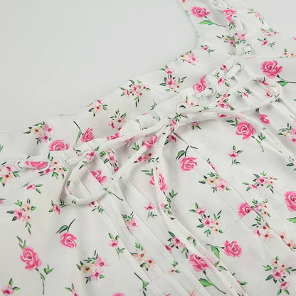 Floral Print Camisole Accordion Pleated Hook-front Tie Tank Top Summer Holiday Crop Top Y2K Aesthetic Square Neck Vest