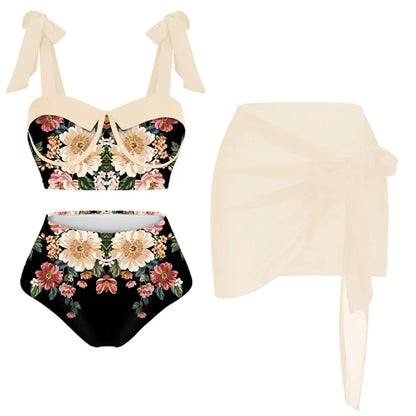 Printed Panel Chic One Piece Swimsuit and Coverup Bow Tie Strap Gathering Sexy Bikini High Waist Open Back Fashion Push Up