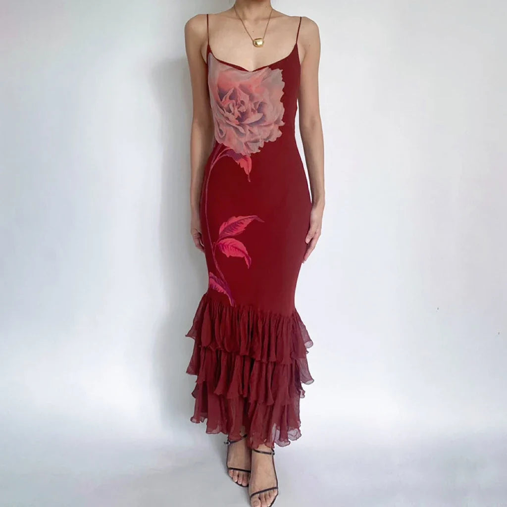 Women's Asymmetric Tulle Layered Mermaid Dress Spaghetti Straps Floral Print Bodycon Sexy Backless Elegant Long Dress