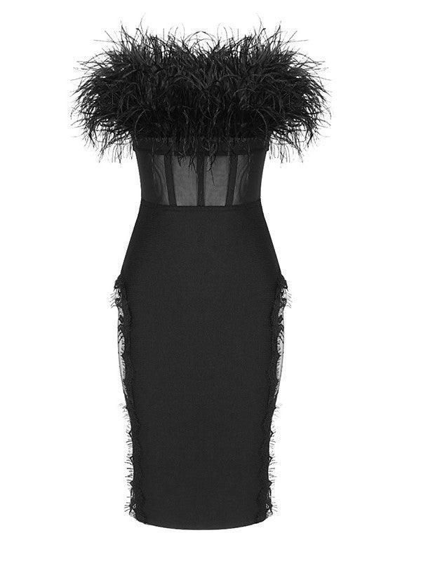 Strapless Feather Trim Mesh Corset Lace Panel Bandage Midi Dress