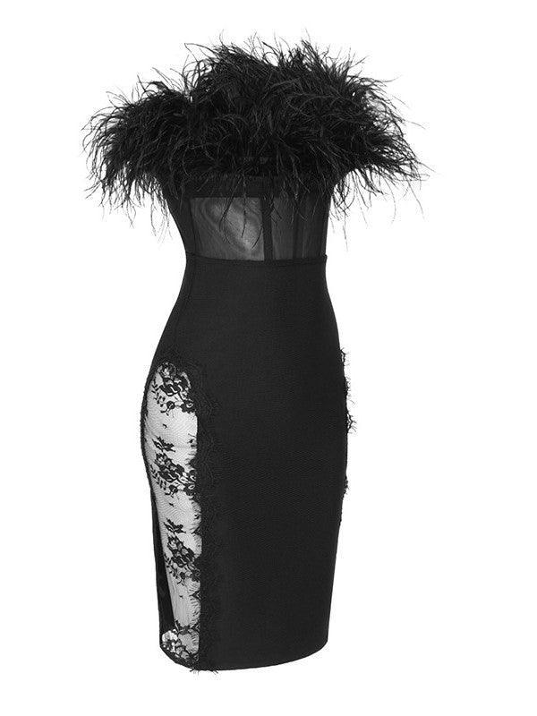 Strapless Feather Trim Mesh Corset Lace Panel Bandage Midi Dress
