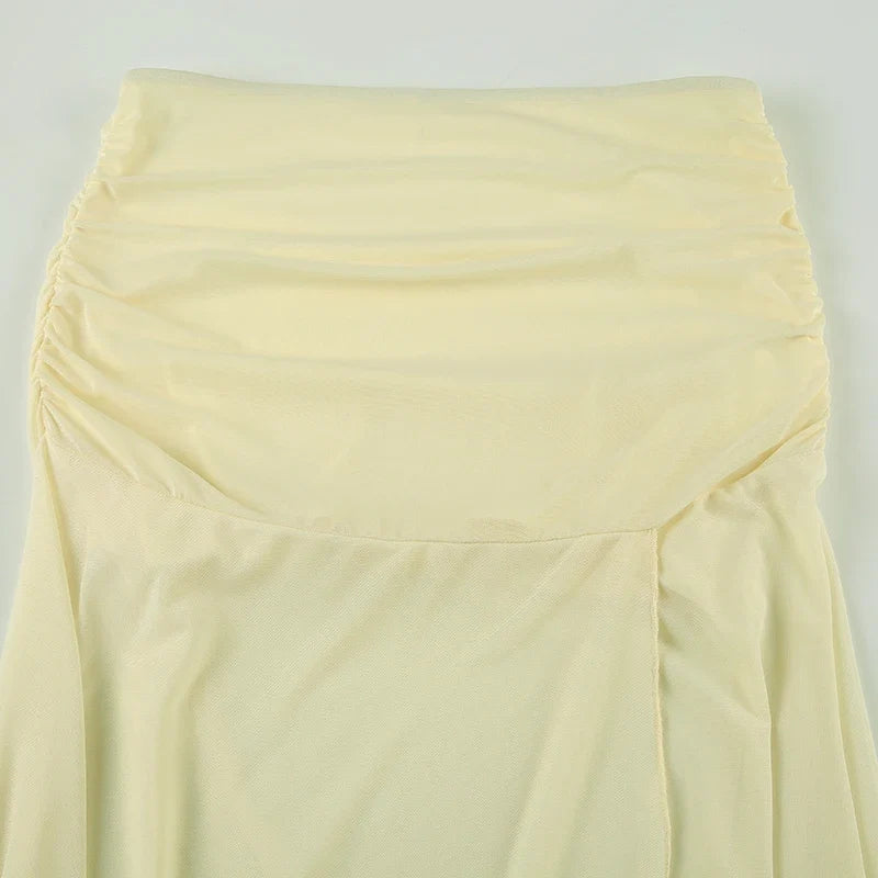 Irregular Hem Mid Skirts Summer Vacation Beach Club Mesh Skirt for Women Low Waist Solid Fashion Cyber Y2K Outfit 2025