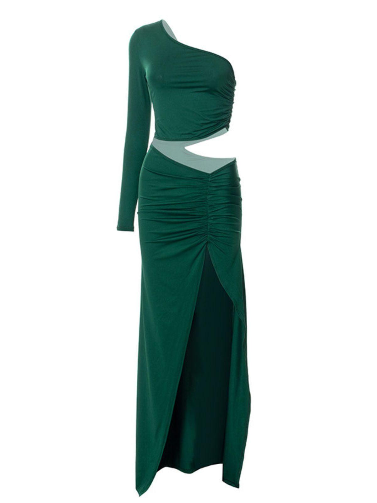 One Shoulder Long Sleeve Waist Cutout Ruched High Slit Maxi Dress