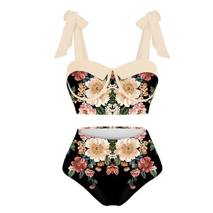 Printed Panel Chic One Piece Swimsuit and Coverup Bow Tie Strap Gathering Sexy Bikini High Waist Open Back Fashion Push Up