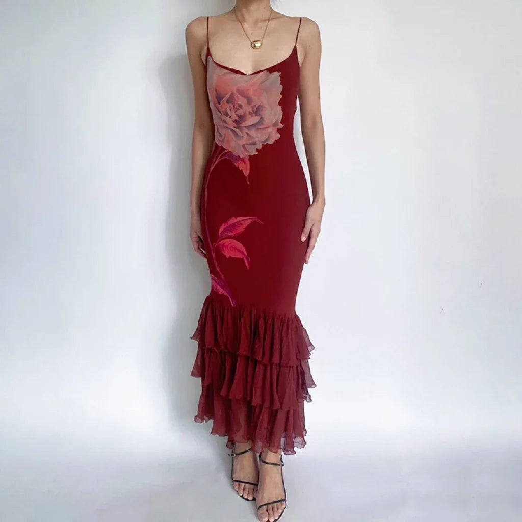 Women's Asymmetric Tulle Layered Mermaid Dress Spaghetti Straps Floral Print Bodycon Sexy Backless Elegant Long Dress