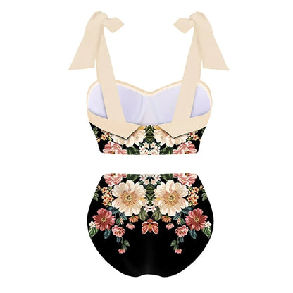 Printed Panel Chic One Piece Swimsuit and Coverup Bow Tie Strap Gathering Sexy Bikini High Waist Open Back Fashion Push Up